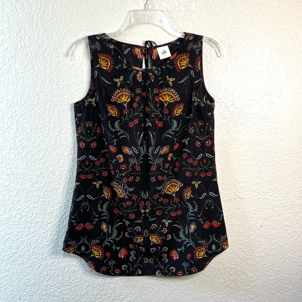 Cabi Black Yellow Red Floral Sleeveless Boho Print Casual Summer Blouse Tops S